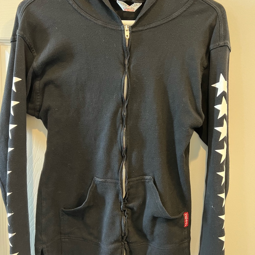 HARD TAIL Black Zip-Up Hoodie with White Star Sleeves